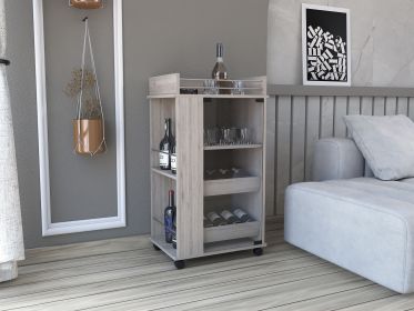 Bar Cart with Glass Door, 2-Side Shelves and Casters, Light Gray