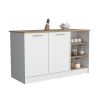 Kitchen Island Two Cabinets, Three Open Shelves, White / Natural Oak