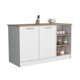 Kitchen Island Two Cabinets, Three Open Shelves, White / Natural Oak