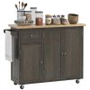 HOMCOM Triple-Cabinet Rolling Kitchen Island on Wheels, Kitchen Cart with Storage Shelf Adjustment, Rolling Utility Cart with Wood Top, Towel Rack