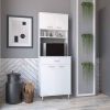 Pantry Cabinet 67" H, Four Doors, One Drawer, Three Internal Shelves, 2 External Storage Shelves, Microwave Storage Option, Four Legs, White