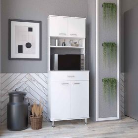 Pantry Cabinet 67" H, Four Doors, One Drawer, Three Internal Shelves, 2 External Storage Shelves, Microwave Storage Option, Four Legs, White
