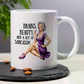 1. "Retro Glamour Girl Coffee Mug - 11oz White Ceramic Cup with Purple Dress Illustration, 'Brains, Beauty, and a Lot of