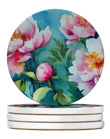 Peonies in Watercolor Large Sandstone Coasters Pack of 4 Absorbent Round Coasters Decor Gifts for Men or Women, 4 in, Multicolor