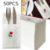 50pcs Rose Dinner Napkins, Disposable White Party Napkins with Built-in Cutlery Pocket, Linen Texture Napkins, 15.75x15.75 Inch