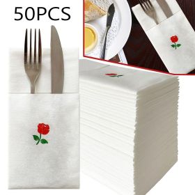50pcs Rose Dinner Napkins, Disposable White Party Napkins with Built-in Cutlery Pocket, Linen Texture Napkins, 15.75x15.75 Inch