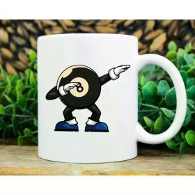 1pc Dabbing Billiard Ball Ceramic Mug with Cue Design – White Coffee Cup for Pool Players and Enthusiasts