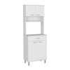 Pantry Cabinet 67" H, Four Doors, One Drawer, Three Internal Shelves, 2 External Storage Shelves, Microwave Storage Option, Four Legs, White
