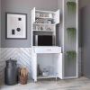 Pantry Cabinet 67" H, Four Doors, One Drawer, Three Internal Shelves, 2 External Storage Shelves, Microwave Storage Option, Four Legs, White